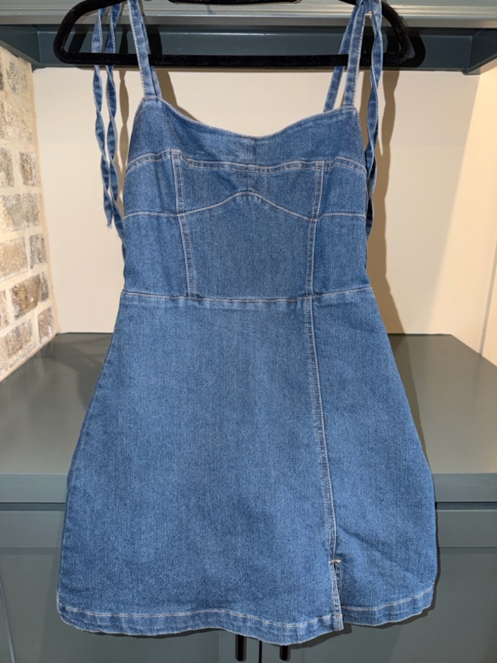 Blue Denim Mini Dress Romper with Tie Straps